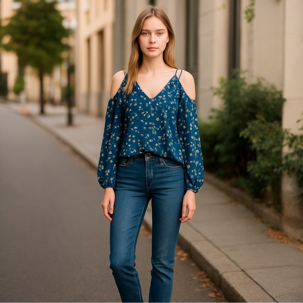 Bariel Long Sleeve Cold Shoulder Blouse Blue Floral StitchFix